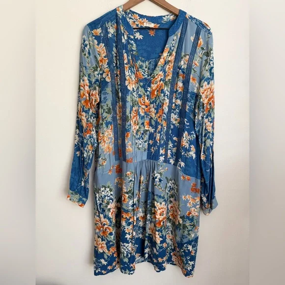 ANTHROPOLOGIE Tiny Gaina Dress XL Blue Floral Print Long Sleeve Pockets